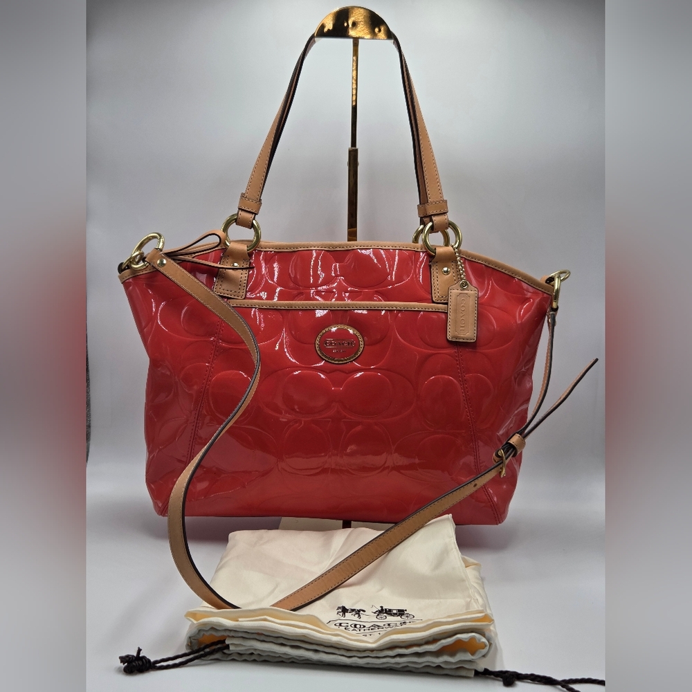 Coach Red and Tan Shoulder Bag with Glossy Finish